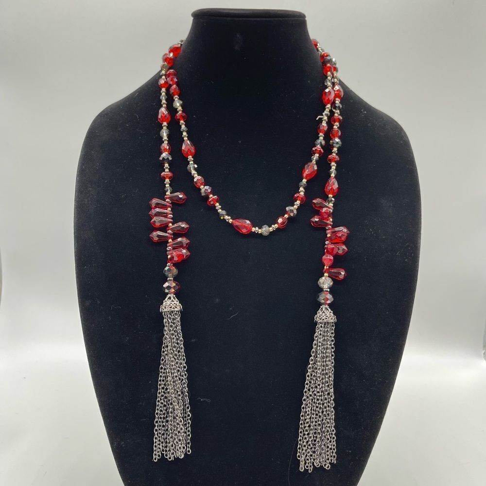 Tassel Necklace with Silver chain Tassel and glass beads